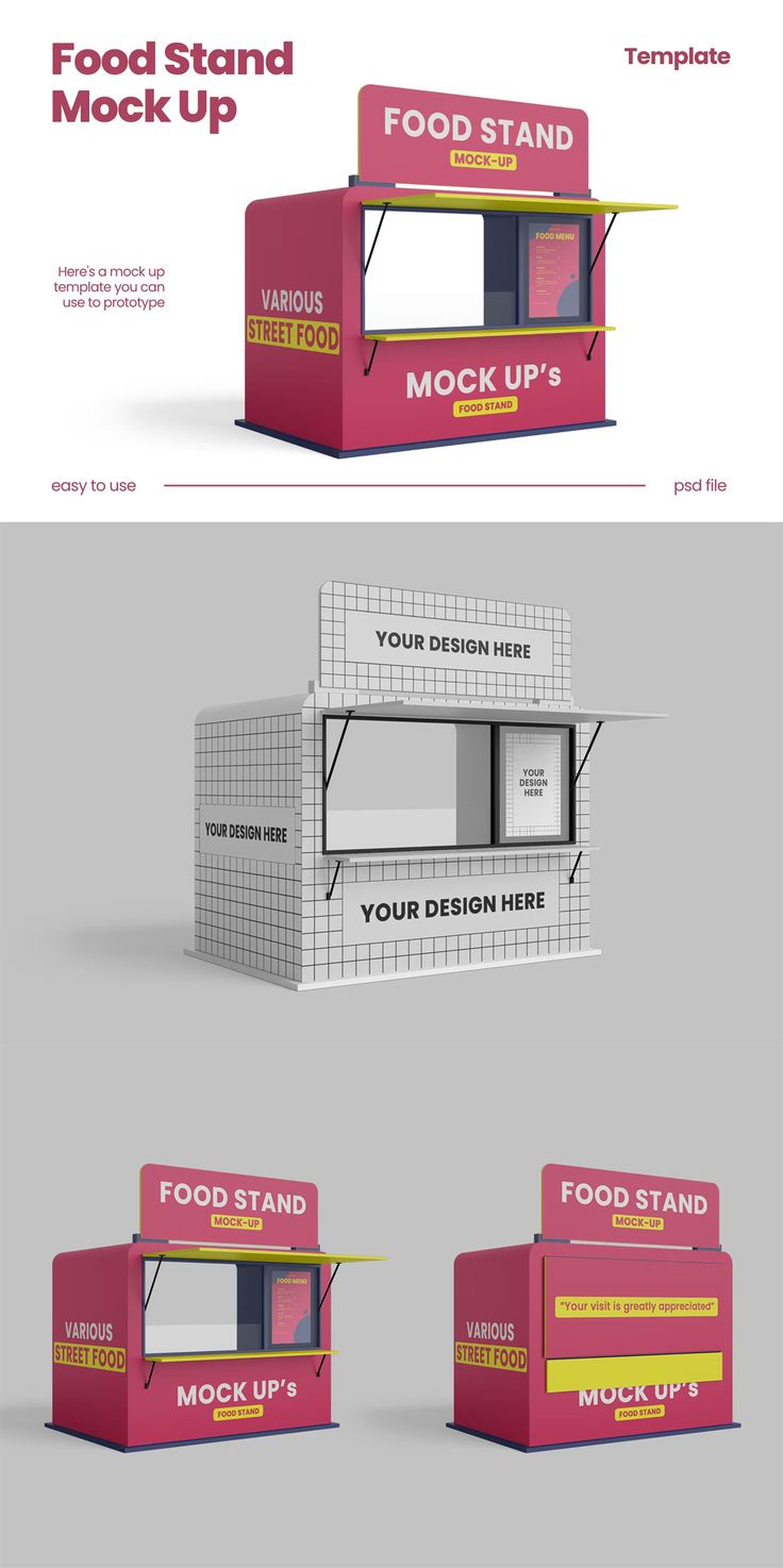 the food stand mockup is shown in three different colors and sizes, including pink