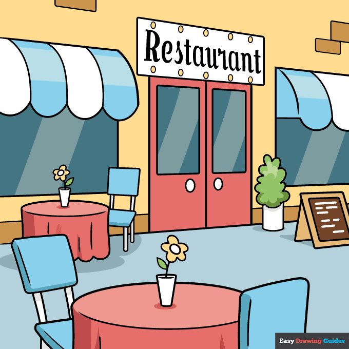 a restaurant with tables and chairs in front of the door that says restaurant on it