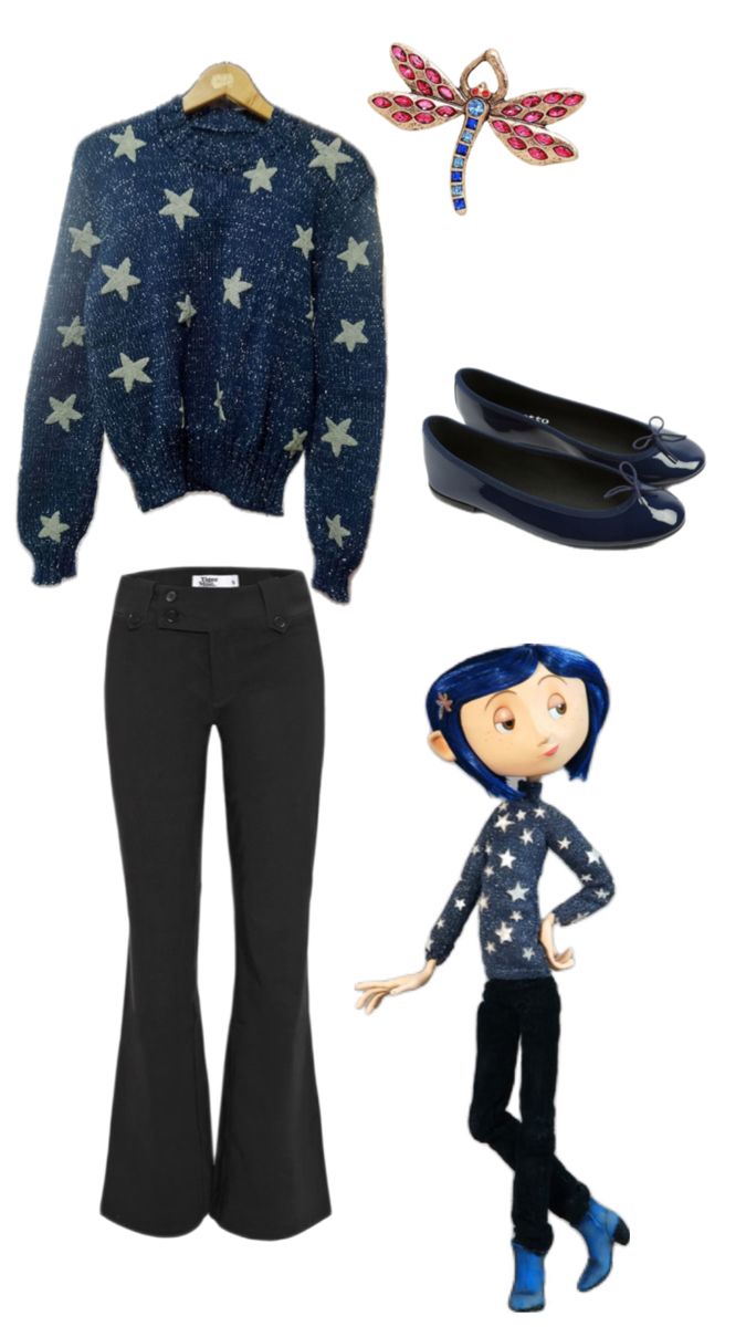 Navy star sweater. Coraline Inspired Outift. Halloween Inspo Cat From Coraline Costume, Coraline Outfit Inspiration, Diy Coraline Costume, Coraline Outfit Ideas, Coraline Clothes, Caroline Outfit, Coraline Inspired Outfit, Coraline Sweater, Coraline Style