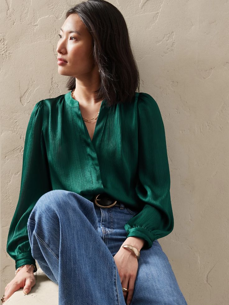 Satin Shirred-Neck Blouse | Banana Republic Factory Banana Republic Factory, Band Collar, Fall 2022, Petite Size, New Wardrobe, Sewing Inspiration, Banana Republic, Button Down Shirts, What To Wear