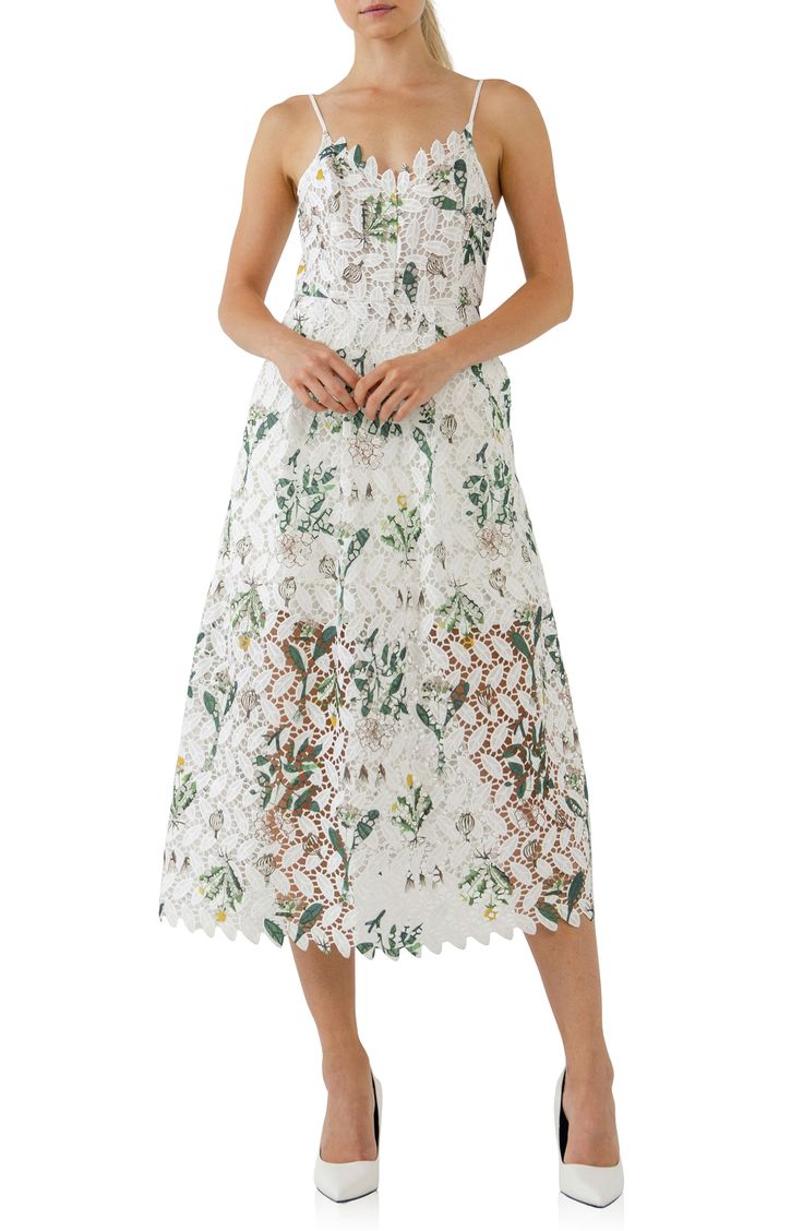 A floral print adorns this gorgeous lace midi dress featuring a scallop-trim V-neckline and slender spaghetti straps. V-neck Adjustable straps Lined 100% polyester Hand wash, dry flat Imported Scallop Trim, Rose Lace, Lilac Dress, Pink Midi Dress, Green Midi Dress, Lace Midi, Rose Dress, Lace Midi Dress, White Midi Dress