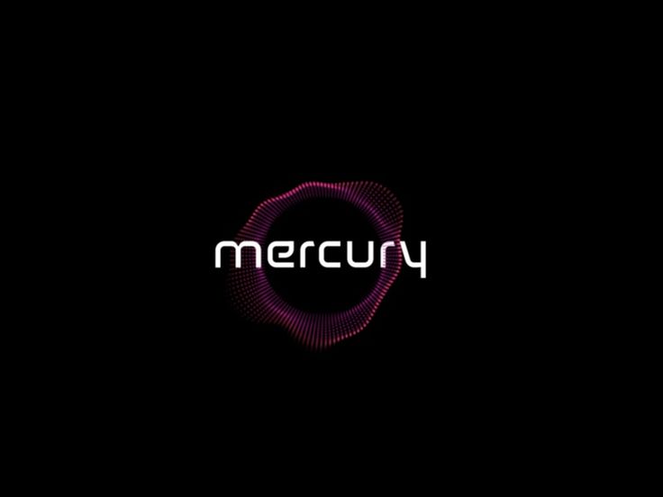 the word mercuy is shown in white on a black background with purple circles