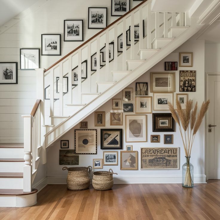 there is a staircase with pictures on the wall and baskets under it in front of the stairs