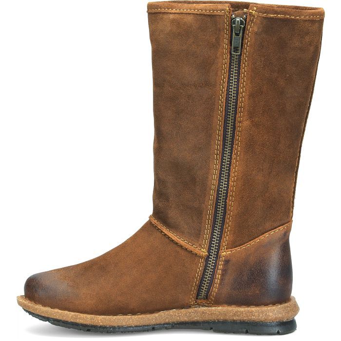 Salee | Born Shoes Rugged Outdoor Mid-calf Boots With Round Toe, Rugged Waterproof Boots With Suede Lining For Fall, Rugged Waterproof Suede Boots With Round Toe, Rugged Suede Waterproof Boots With Round Toe, Brown Waterproof Boots With Cushioned Footbed, Casual Brown Moto Boots With Suede Lining, Waterproof Suede Boots With Suede Lining, Casual Waxed Finish Boots For Winter, Fall Suede Boots With Waxed Finish