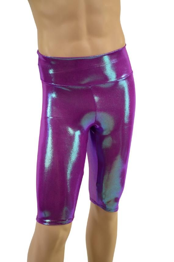 These amazing shorts are made with top quality four way stretch fabric.Perfect for yoga, dancing, lounging or anything else!This pair is created from our Plumeria color shift holographic fabric. Choose from an 11" rise or a 9" midrise.We can create this item in ANY fabric we offer, if you don't see what you want, just ask! This item is made to order. Ships out within 5 days of purchase.Mens Sizing (See below for instructions on where measurements should be taken)Extra Small:  Chest/32"       Wai Metallic Stretch Disco Shorts, Stretch Shiny Short Bottoms, Stretch Rave Shorts, Disco Stretch Shorts, Disco Style Stretchy Shorts, Disco Style Stretch Shorts, Stretch Athletic Shorts For Pilates In Summer, Summer Dancewear Shorts With Built-in Liners, Metallic Shiny Stretch Shorts