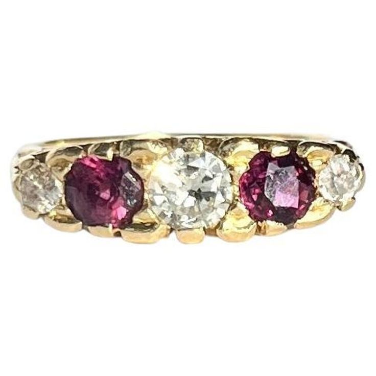 Vintage Ruby and Diamond 18 Carat Gold Five-Stone Ring Classic Yellow Gold Three Stone Ruby Ring, Classic Three Stone Ruby Ring In Yellow Gold, Classic Three Stone Yellow Gold Ruby Ring, Three-stone Yellow Gold Ruby Ring, Yellow Gold Three Stone Ruby Ring, Three Stone Round Ruby Ring In Yellow Gold, Yellow Gold Ruby Ring With Three Stones, Ruby Diamond, Ring Ring