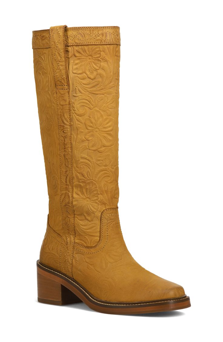 Artful stitching on the cuff and side elevate a stylish boot set atop plush cushioning and a flexible sole. Pull-on style Cushioned insole Leather upper and lining/leather and rubber sole Imported Gold Western Boots For Winter, Gold Leather Boots With Reinforced Heel, Gold Leather Knee-high Boots For Fall, Fitted Gold Leather Boots, Gold Fitted Leather Boots, Yellow Western Leather Boots, Gold Leather Western Boots, Heel Boot, Stylish Boots