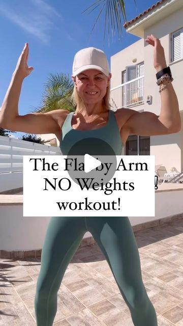 a woman with her arms up in the air and text that reads, the flat by arm no weights workout