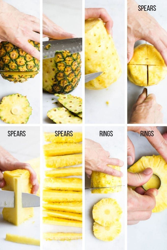 the steps to cut pineapples into wedges and place them on top of each other