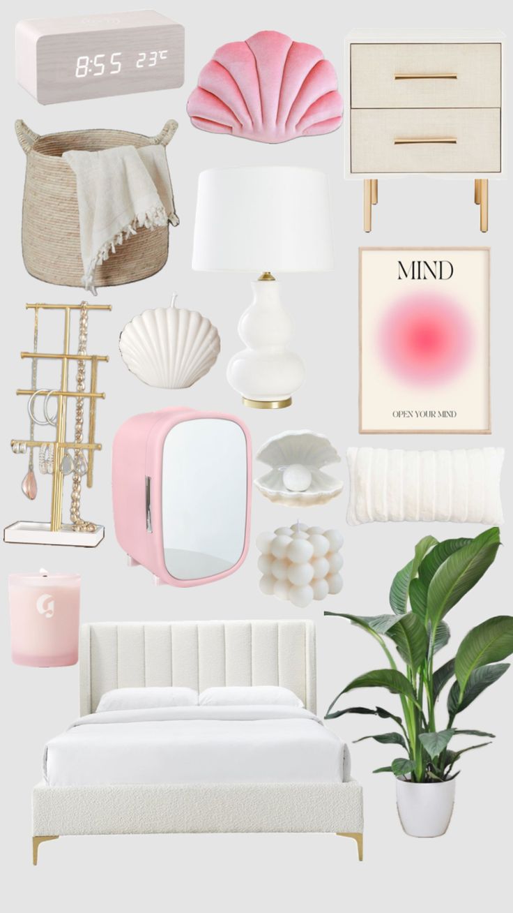 a collage of pink, white and gold items including a bed, nightstand, mirror, lamp, plant