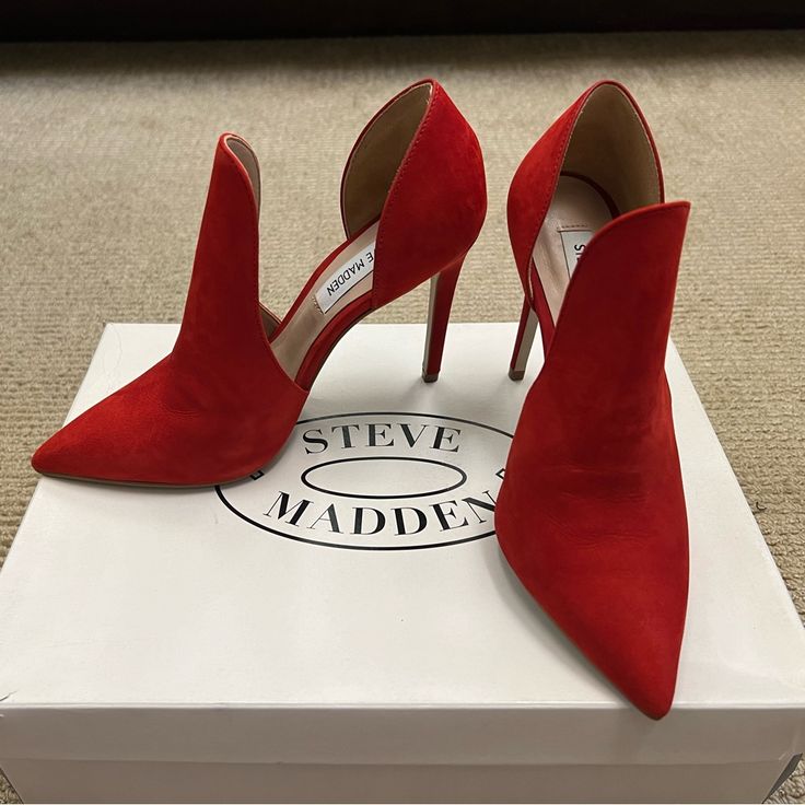 Never Worn, Only Around The House To See If I Could Walk In Them Lol. Size 6.5. Red Ankle-high Heels With 4-inch Heel, Elegant Suede Heels With Red Sole, Suede High Heels With Red Sole, Bold Pointed Toe Heels With Padded Heel, Elegant Ankle-high Red Heels, Bold Pointed Toe Heels For Formal Occasions, Elegant Red Ankle-high Heels, Red Ankle-high Evening Heels, Red Suede High Heels