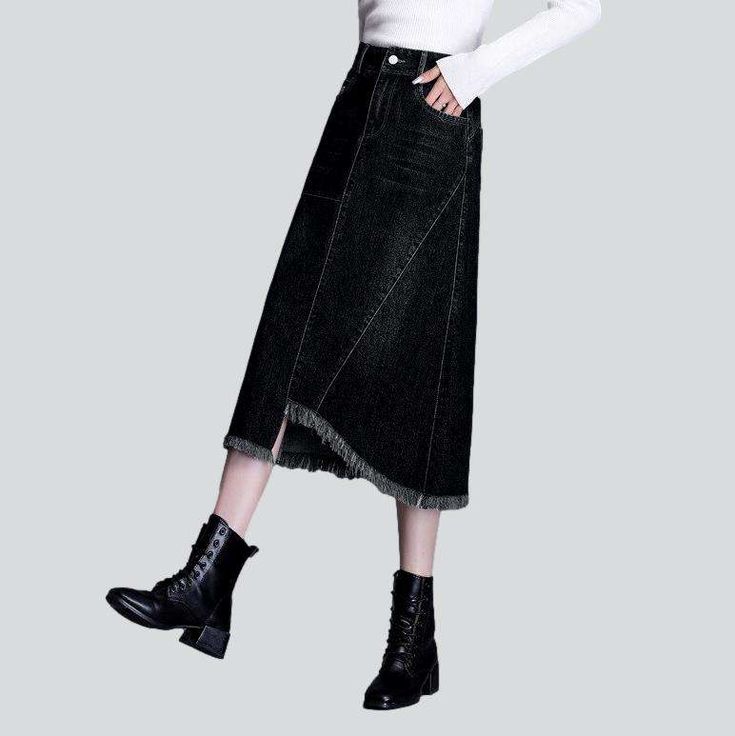 Welcome to the 2023 Autumn Collection! Step into the '90s with this timelessly chic and modern dark denim skirt. Crafted with a high waist. zipper & button closure. and unequal hem. this pebble-washed skirt is a classic combination of iconic and modern fashion.Why You'll Fall In LoveThis denim skirt is the perfect piece to add to your wardrobe. Its high waist and slouchy fit ensure maximum comfort and trend. The asymmetrical hem adds a unique touch to the classic denim skirt. while the stonewash Straight Leg Skirt With Frayed Hem For Fall, Chic Asymmetrical Denim Skirt For Fall, Dark Wash Asymmetrical Skirt With Frayed Hem, Casual Asymmetrical Hem Dark Wash Denim Skirt, Casual Dark Wash Bottoms With Asymmetrical Hem, Casual Bottoms With Asymmetrical Hem In Dark Wash, Asymmetrical Denim Skirt For Fall, Dark Wash Denim Skirt For Fall, Fall Dark Wash Denim Skirt