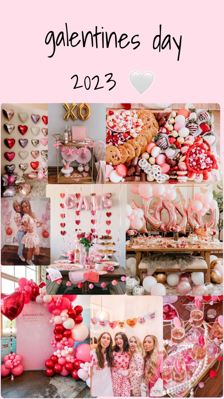 pink and red collage with balloons, flowers, hearts, letters