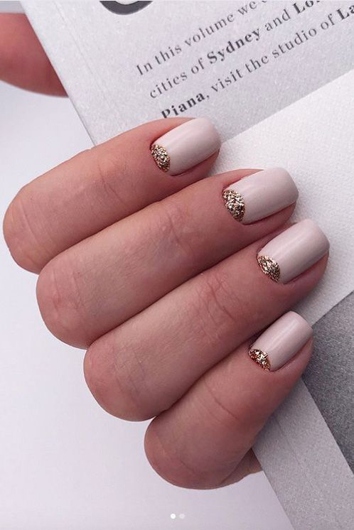 Glitter Half Moon Nails, Half Moon Manicure Short Nails, Half Glitter Nails, Gold Half Moon Nails, Ivory Nails, Half Moon Nails, Nail Tape, Sticky Paper, Short Nails Art