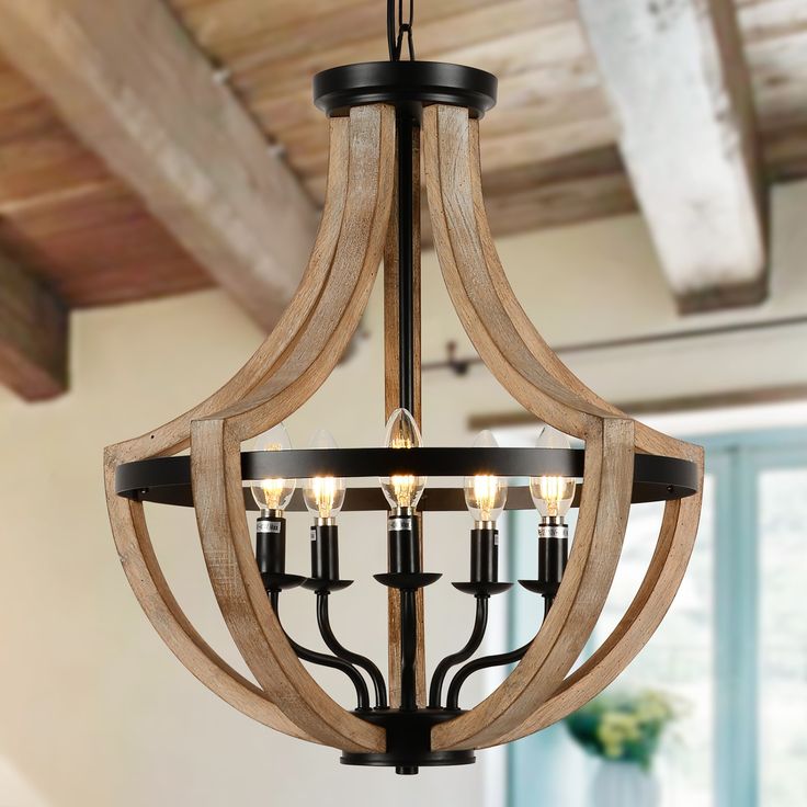 Our kitchen light fixtures comes with clear instructions and video, no need to worry about installation. This farmhouse wood chandelier will bring warm lights and beautiful atmosphere to your home! Our kitchen light fixtures comes with clear instructions and video, no need to worry about installation. [Size & Easy Installation] Size as pendant light: 19"(D) x 20.9~62.6"(H), Size as ceiling light: 19"(D) x 20.9"(H). This farmhouse chandelier for dining room can be applied to both flat and sloping Cottage Farmhouse Lighting, Wood And Black Chandelier, Kitchen Lighting Farmhouse, Farmhouse Chandelier Dining Rooms, Farmhouse Kitchen Pendant Lights, Creek Ideas, Room Light Fixtures, Brown Farmhouse, Farmhouse Chandelier Lighting