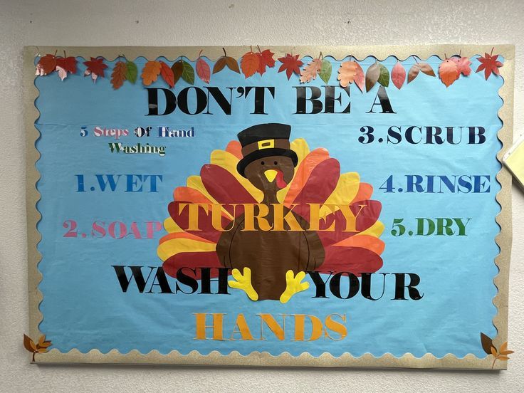 a turkey themed bulletin board hanging on the wall