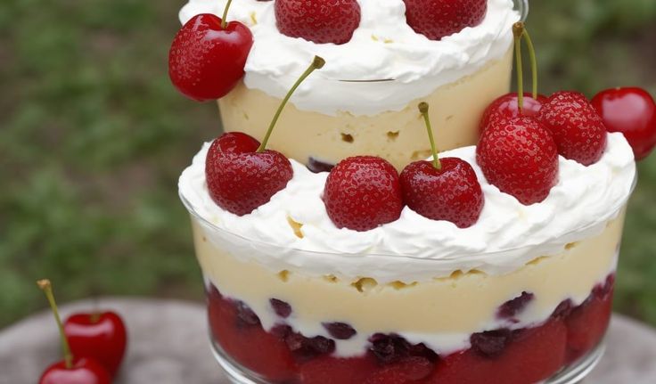 two layered desserts with strawberries and whipped cream