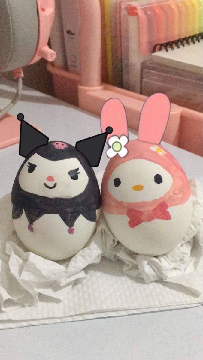 easter egg, design inspo, sanrio, my melody, kuromi, easter sunday, egg design, aesthetic Egg Designs Easter, Easter Eggs Ideas Aesthetic, Painted Easter Egg Designs, Easter Egg Characters, Coloring Easter Eggs Ideas, Egg Baby Project Faces, Baby Egg Project, Eggs Painting Ideas, Painting Eggs Ideas