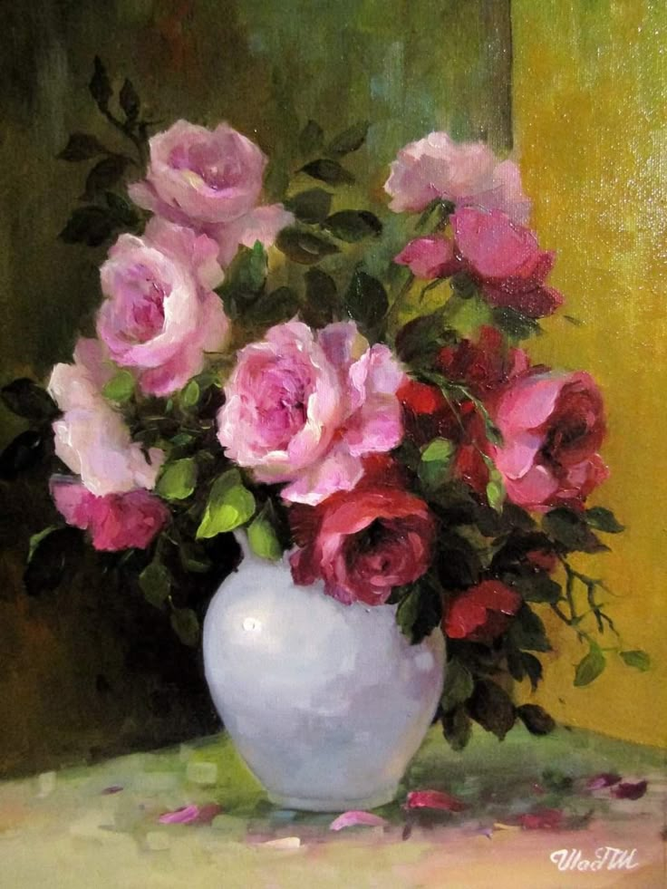 a painting of pink and red roses in a white vase