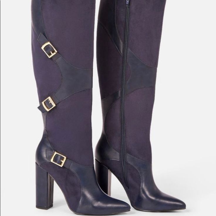 Brand New In Box! Navy Blue Tall Boots, Perfect Denim, Just Fab Shoes, Justfab Shoes, Tall Boot, Shoe Dazzle, Tall Boots, Shoes Heels Boots, Side Zipper