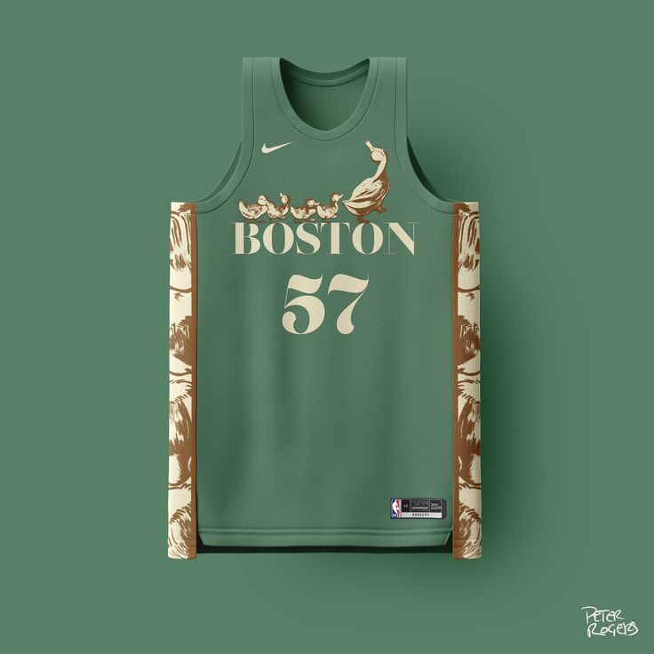 the boston 76 jersey is displayed on a green background