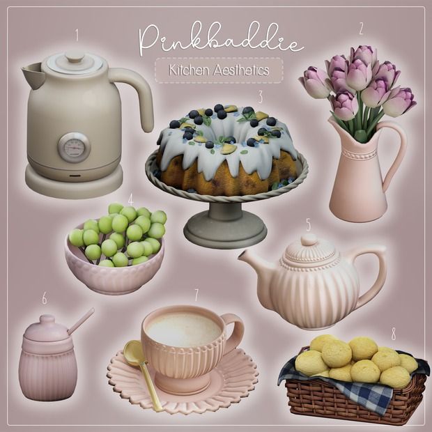 there is a cake, tea pot and other items on the table