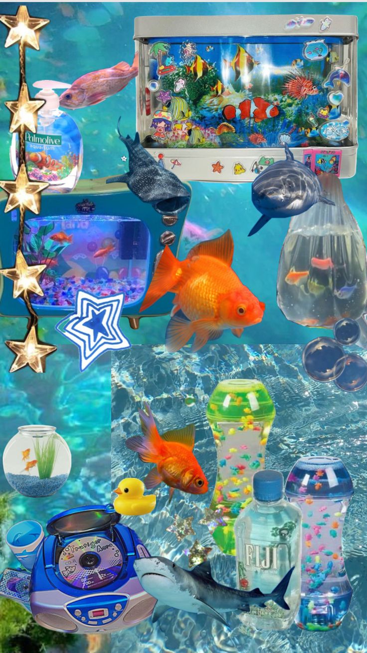 an underwater scene with fish, bubbles and other things in the water that are floating around