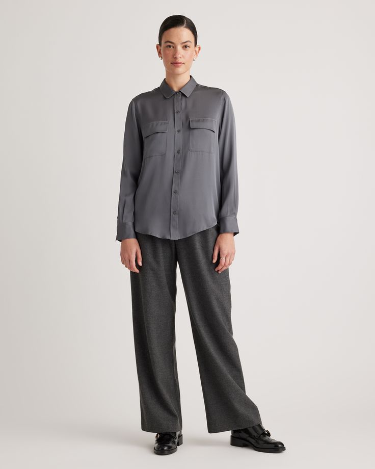 Add extra versatility to your wardrobe with our Washable Stretch Silk Utility Long Sleeve Blouse. This classic shirt features two patch pockets and is made from soft, super luxe mulberry silk. It's a look you can layer, wear solo, tuck in, tie at the hem—the options go on. Let's see how you put your spin on it.  | Quince | Women's Washable Stretch Silk Utility Long Sleeve Blouse in Lava Smoke, Size Small Classic Blouse With Buttoned Pockets For Fall, Classic Fall Blouse With Buttoned Pockets, Classic Blouse With Buttoned Pockets For Work, Classic Workwear Blouse With Buttoned Pockets, Silk Business Casual Shirt For Fall, Fall Daywear Tops With Welt Pockets, Relaxed Fit Blouse With Buttoned Pockets For Work, Formal Button-up Top With Pockets, Workwear Blouse With Buttoned Pockets And Relaxed Fit