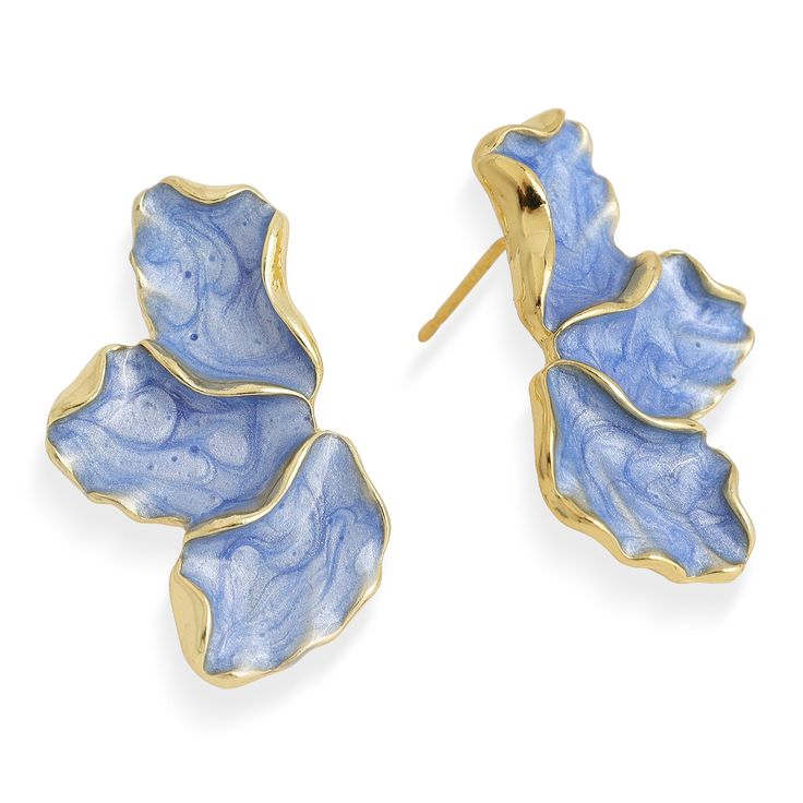 two pairs of blue and gold leaf shaped earrings on white background with clippings