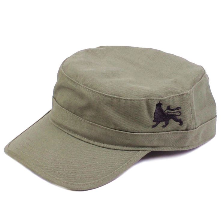 Military Rasta Reggae Style Cap: Flat Cap, Patrol Cap, Fidel Cap. This cap is made of 100% cotton and features a carefully embroidered Lion of Judah on the left side. The size of the cap is universal with an adjustable circumference and a velcro closure. The cap has a height of 8 cm and is in olive green color. Our Opinion: This military-style cap is a great addition to any outfit, whether you're going for a casual or edgy look. The embroidered Lion adds a touch of personality and character to t Khaki Cotton Baseball Cap With Short Brim, Military Style Baseball Cap With Flat Brim, Khaki Cotton Cap, Military Style Green Flat Cap, Military Style Khaki Cotton Baseball Cap, Green Cotton Military Hat, Military Style Cotton Flat Cap, Green Military Flat Cap, Green Military Cotton Hat