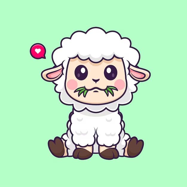 a cartoon sheep sitting on the ground with an apple in its mouth