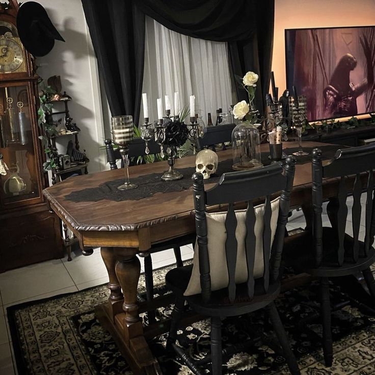 a dining room table with skulls on it