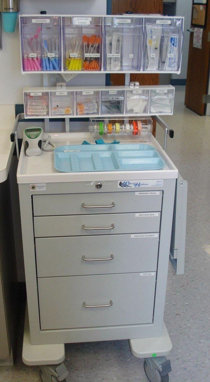 Dental Drawer Organization, Dental Clinic Ideas, Dental Supply Organization, Dental Anesthesia, Dental Operatory, Dental Phobia, Dental Design Interior, Medical Cart, Dentistry Office