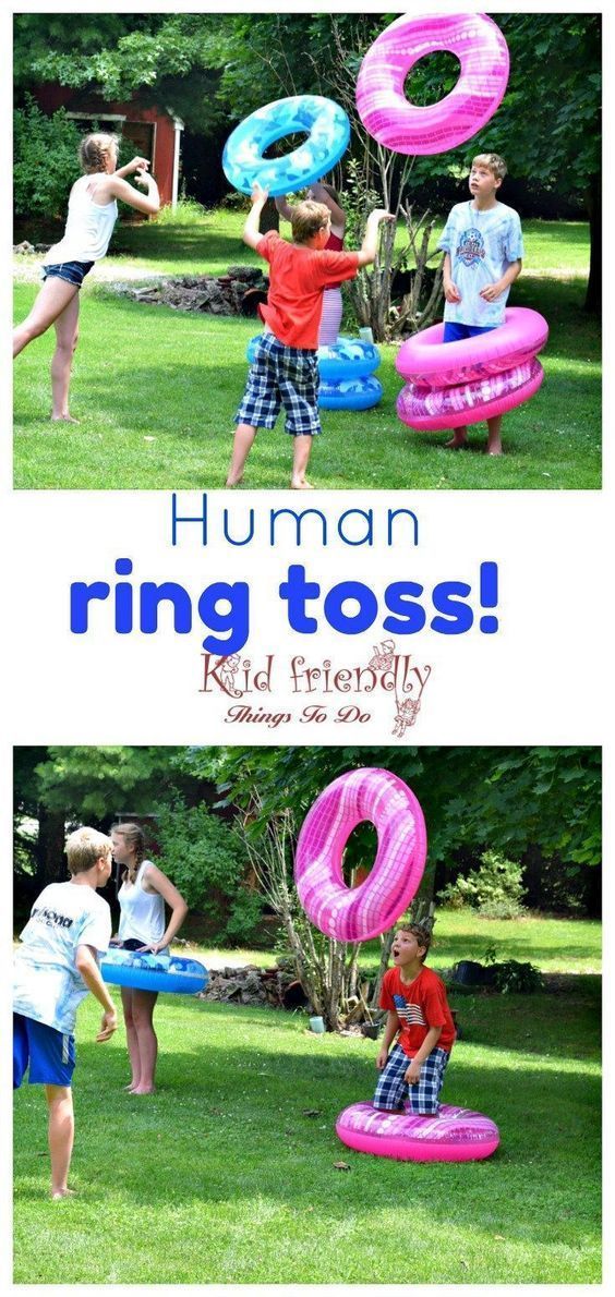 two pictures of children playing with inflatable toys and the words human ring toss