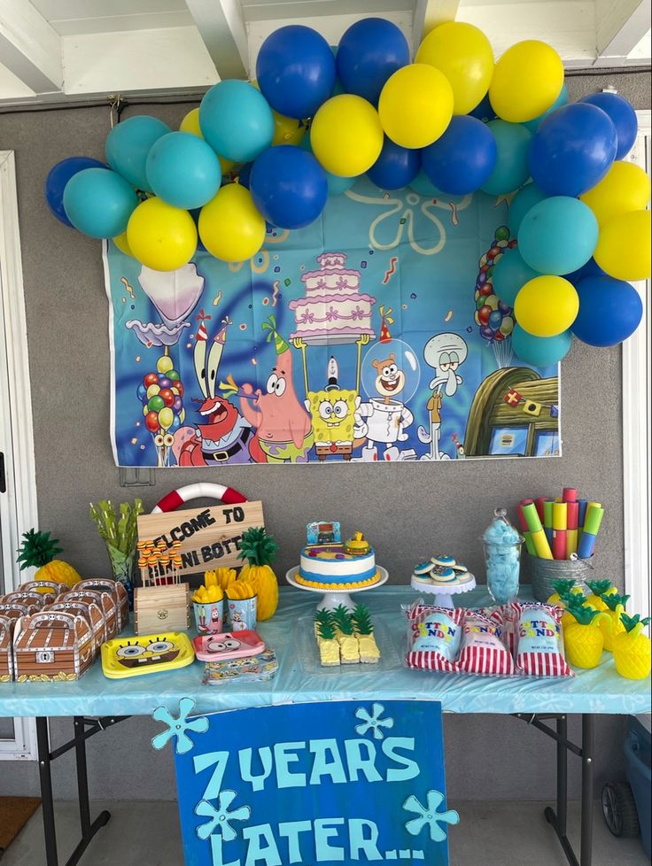 SpongeBob birthday party 
Spongebob backdrop 
SpongeBob dessert table
 Spongebob Sweet table  
Spongebob party decorations Spongebob Birthday Party Ideas Food, Spongebob Birthday Party Sweet 16, Spongebob And Patrick Birthday Party, Spongebob Diy Party Decorations, Spongebob 1st Birthday Party Ideas, Sponge Bob Themed Birthday Party Ideas, Spongebob Luau Party Birthday, Spongebob Ideas Party, Spongebob 5th Birthday Party Ideas