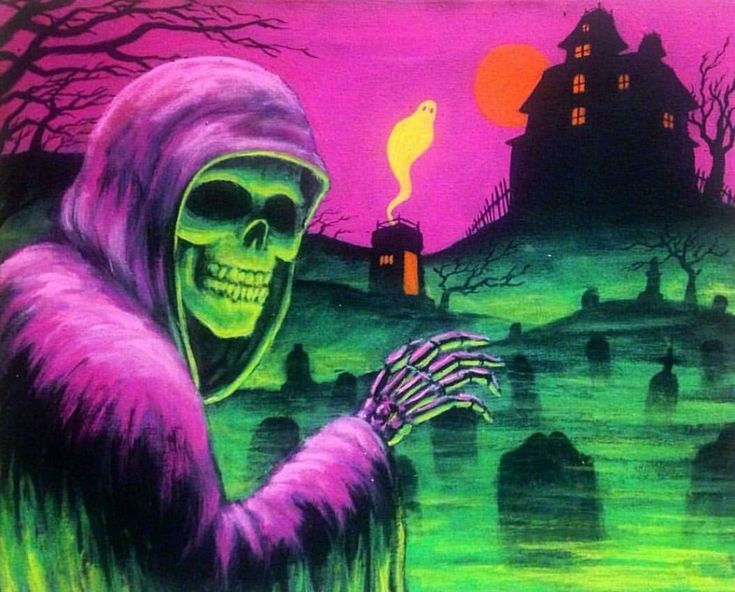 a painting of a skeleton holding a lit candle in front of a spooky graveyard