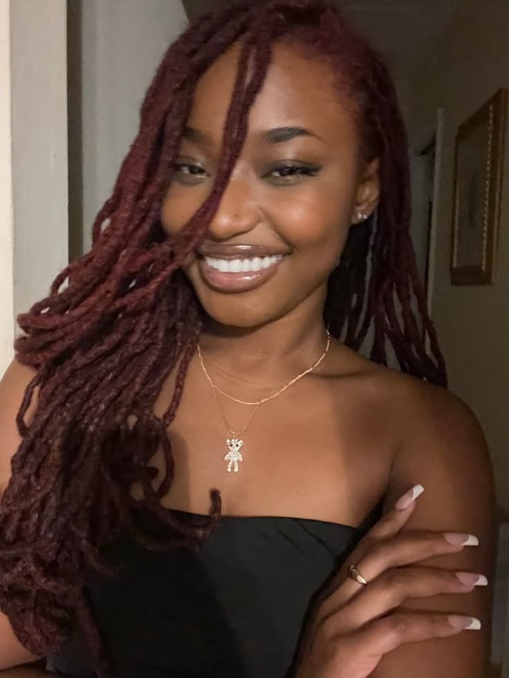 Dark Red Dreadlocks, Ginger Tips Locs, Burgundy Brown Locs, Dark Skin Girl With Locs, Burgundy Hair Locs, Dark Purple Locs Black Women, Deep Red Locs, Red Locs Black Women Dark Skin, Burgandy Locs On Black Women