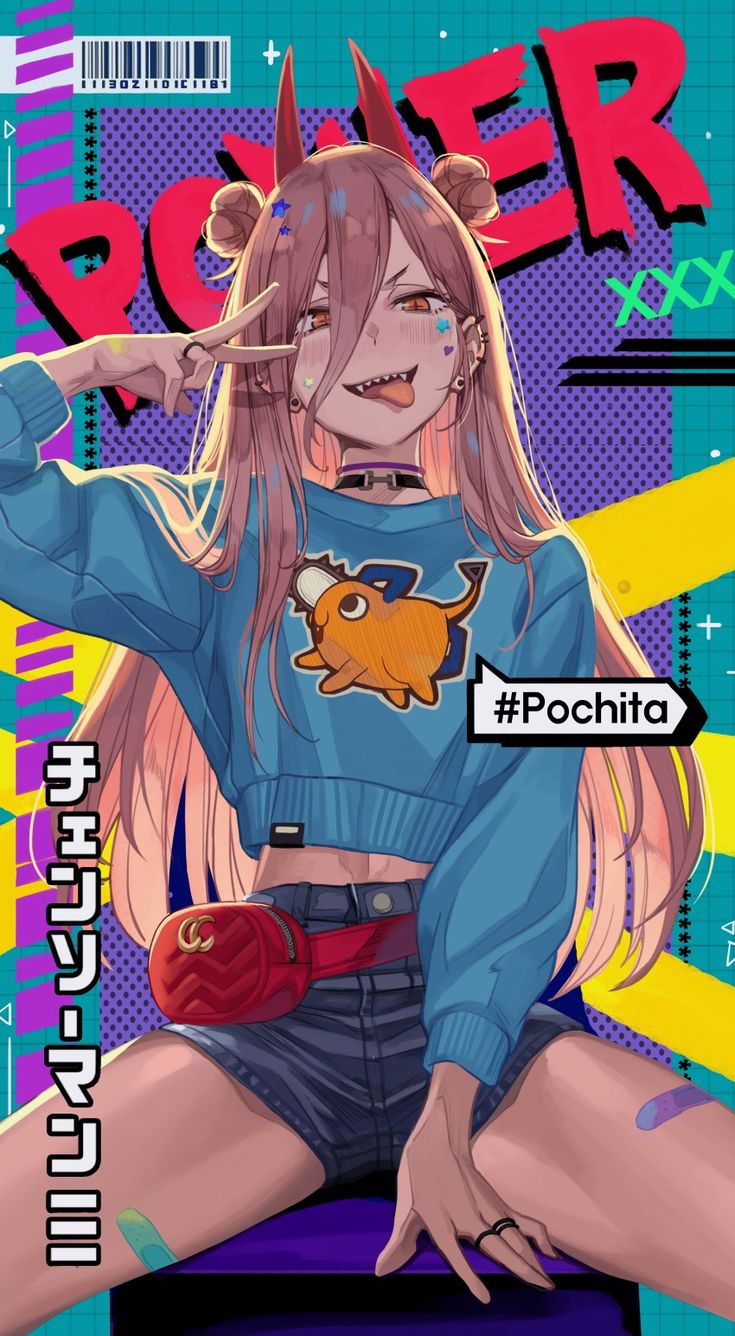 an anime character with long hair and horns on her head sitting in front of a blue background