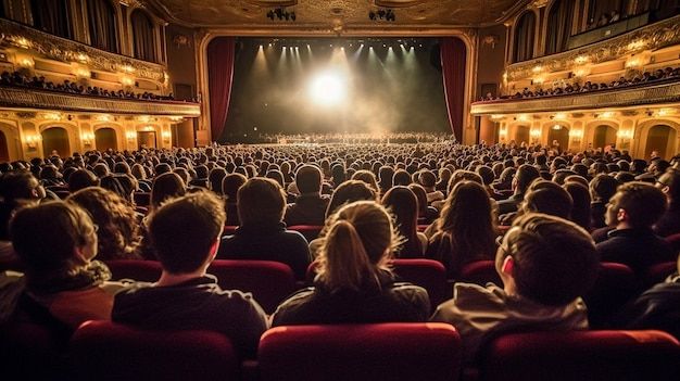 an auditorium full of people sitting in red chairs