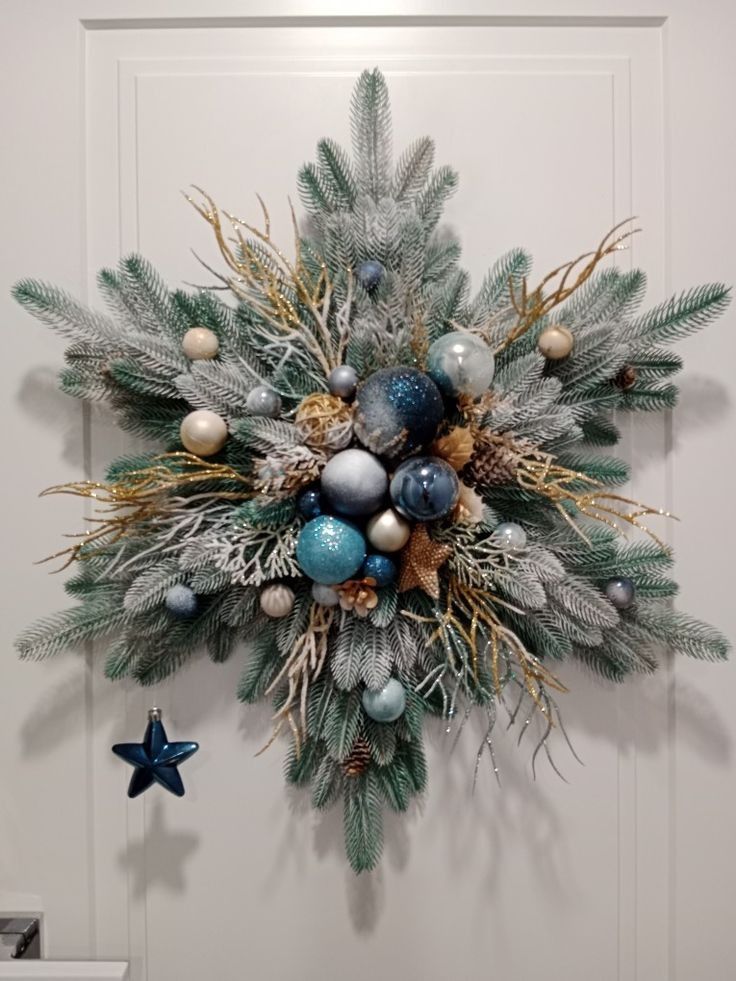 a christmas wreath hanging on the front door