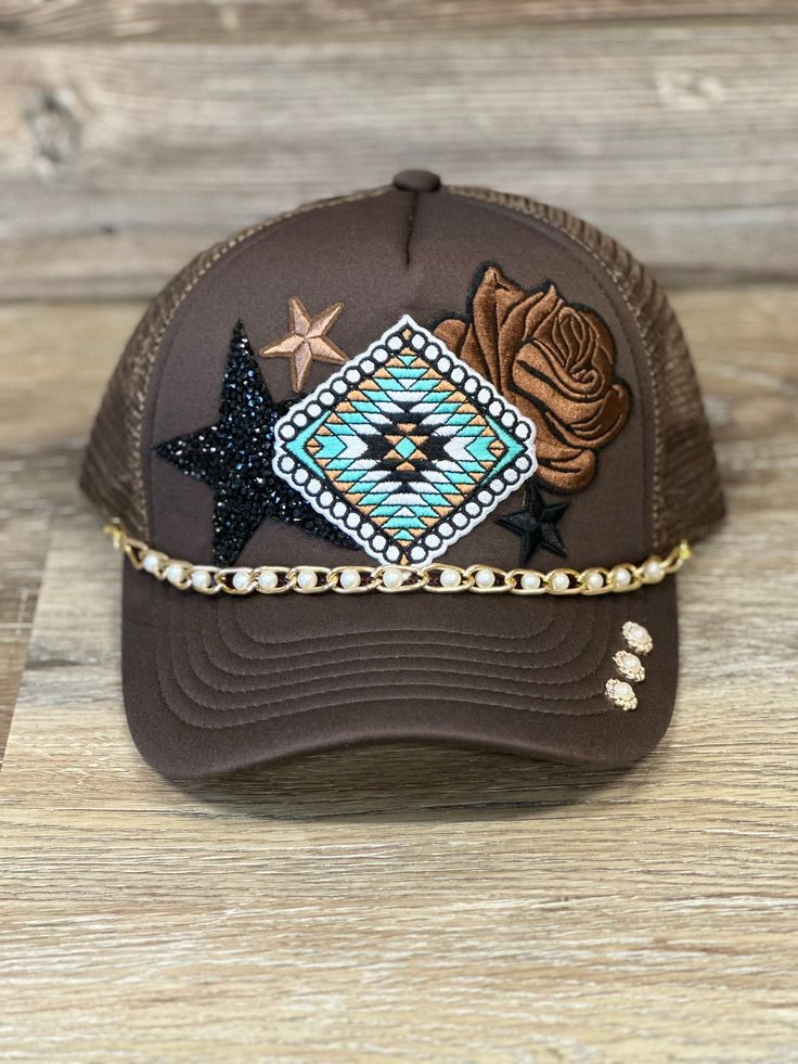 Custom Trucker Hat Brown Curved Brim Baseball Cap For Rodeo, Brown Baseball Cap For Rodeo, Brown Snapback Baseball Cap For Rodeo, Brown Western Trucker Hat With Flat Brim, Western Snapback Hats For The Beach, Country Style Brown Baseball Cap With Flat Brim, Brown Snapback Cap For Rodeo, Western Style Snapback Beach Hat, Brown Snapback Hat For Rodeo