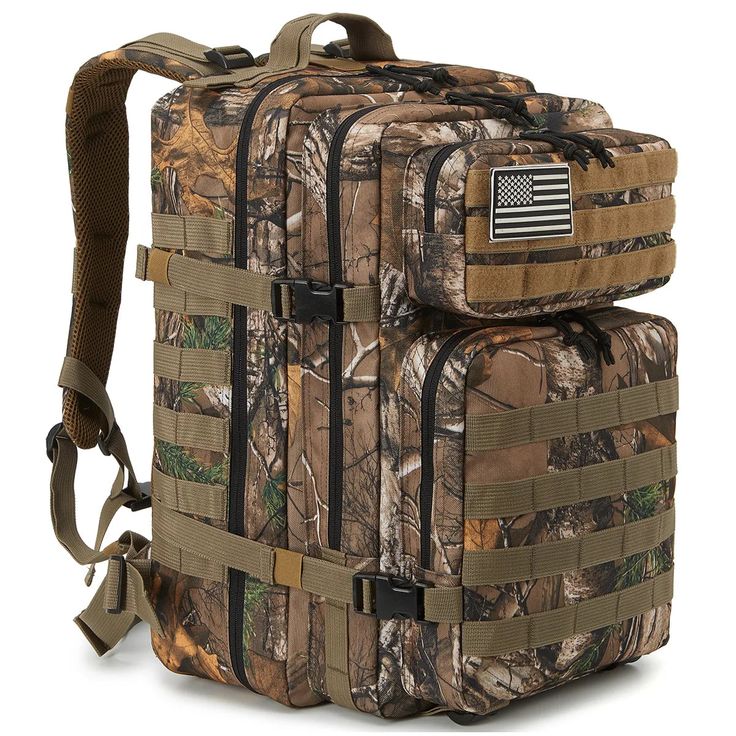 the back pack has an american flag on it and is made out of realtree camo