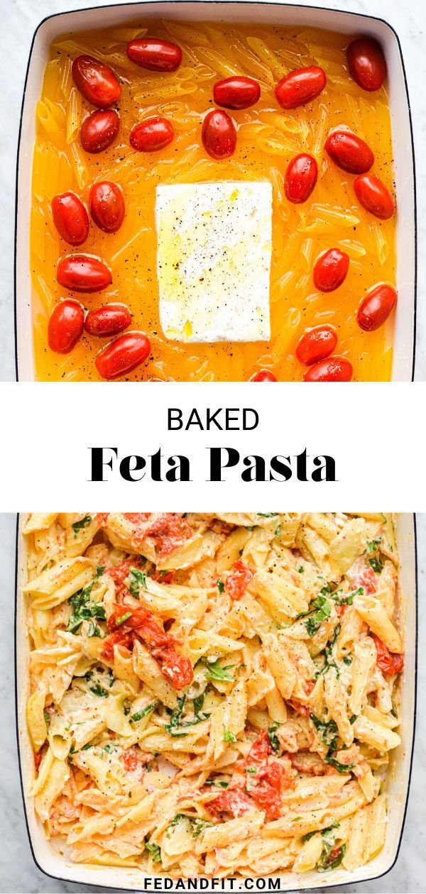 baked fettuccine pasta in a casserole dish with tomatoes and basil