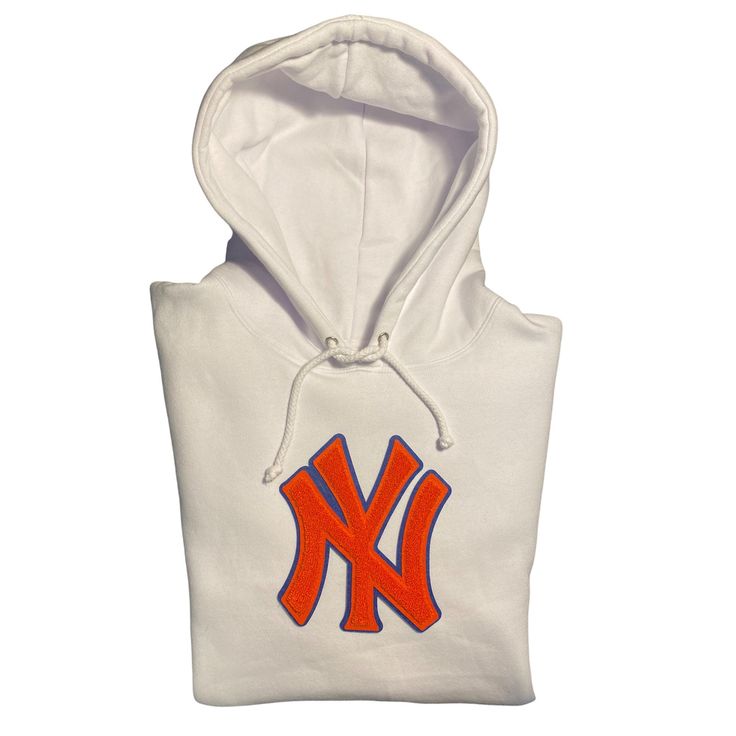 All white hoodie , custom stitched NY orange chenille patch on middle of sweater. Can be made to order in different team colors & hoodie upon request White Sweatshirt With Embroidered Logo For Streetwear, White Collegiate Sweatshirt With Drawstring Hood, Collegiate White Sweatshirt With Drawstring Hood, White Winter Hoodie For College, White Fleece Hoodie With Letter Embroidery, Orange Letter Print Hoodie For Streetwear, White Sporty Hoodie With Letter Embroidery, Sporty Crew Neck Hoodie With Custom Embroidery, White Cotton Hoodie For Game Day