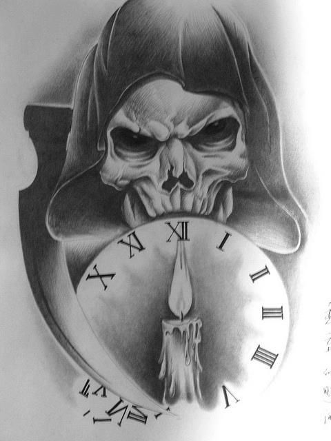 a drawing of a clock with a skull wearing a hat on it's face