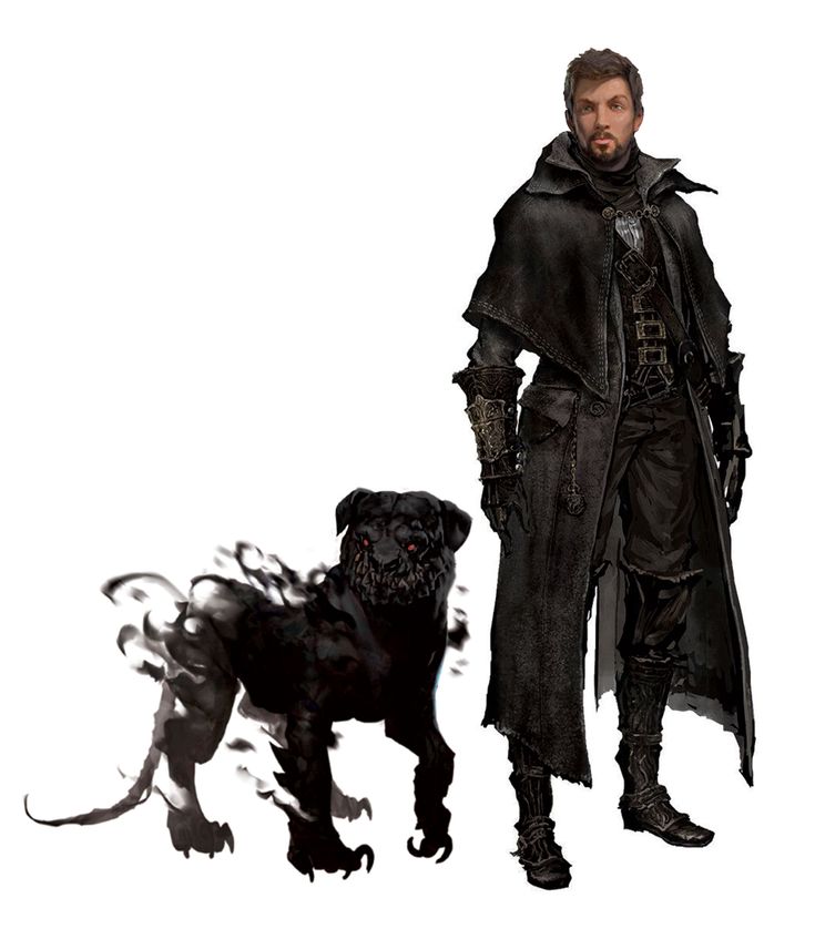 a man standing next to a dog in front of a white background with black ink