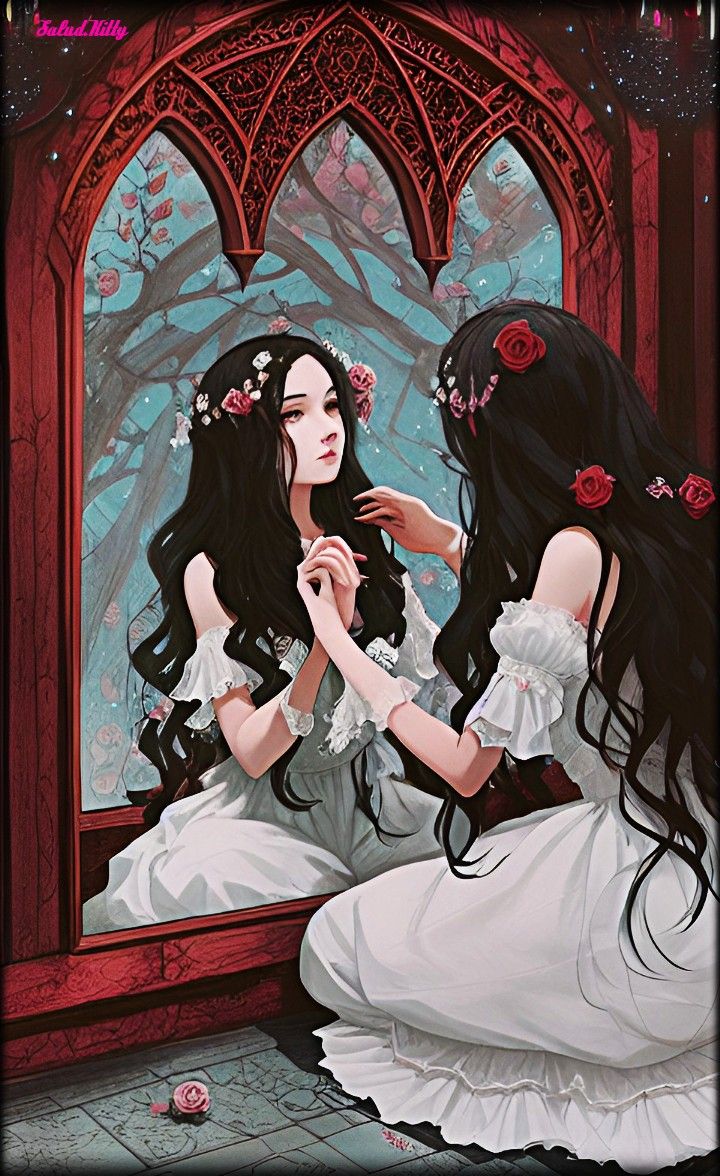 a painting of two women looking at each other in front of a window with roses on it