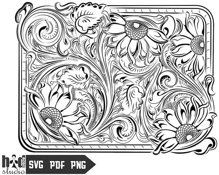 an ornate design with flowers and leaves in black and white, on a white background