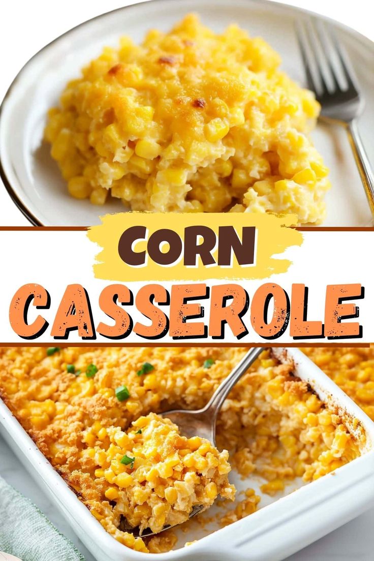 corn casserole in a white dish with a spoon and fork on the side