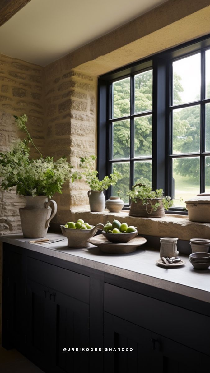 a kitchen counter topped with plates and bowls filled with fruit next to a large window